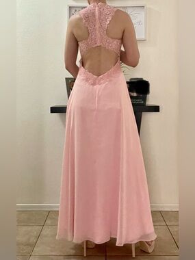 Cachet Open-Back Halter Gown in Blush Pink